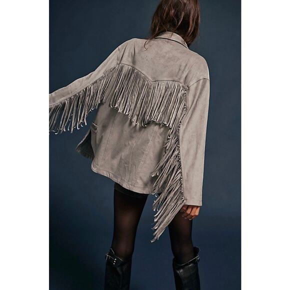 Free People Jackets & Blazers - Free People Fringe Out Vegan Suede Faux Leather Gray Grey Jacket Western Small